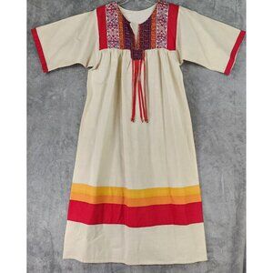 Womens Dress Medium Multicolor Pleated Tasseled Hippie 70s Style Linen Midi